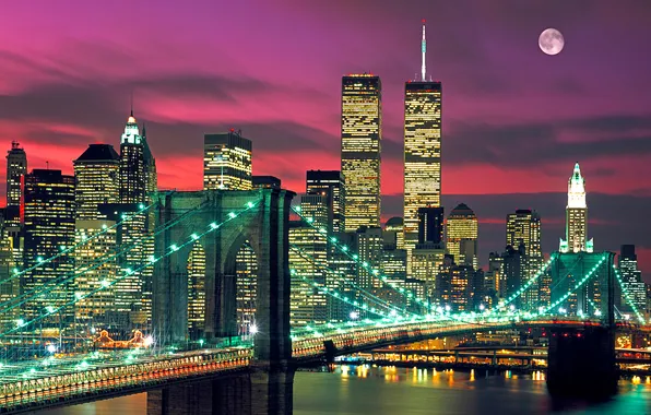The sky, bridge, lights, the moon, home, tower, new York, USA