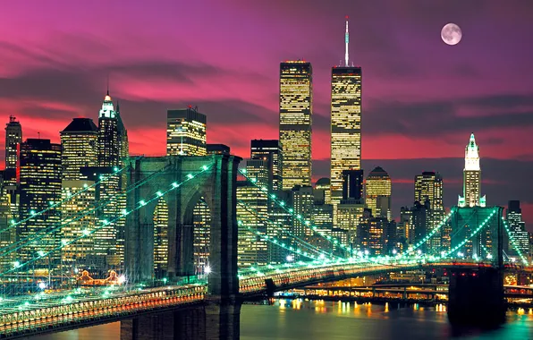 Picture the sky, bridge, lights, the moon, home, tower, new York, USA