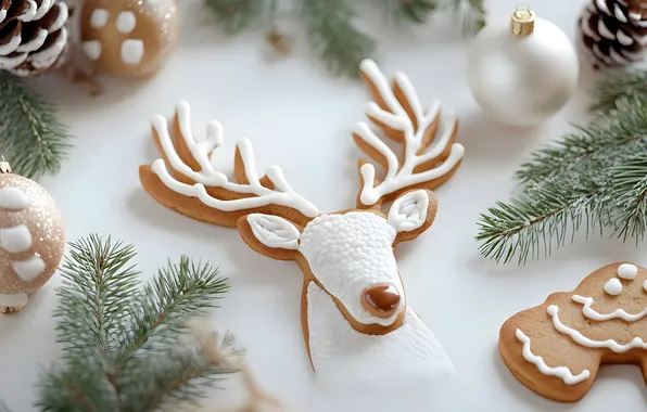 Balls, deer, cookies, Christmas, white background, New year, horns, needles