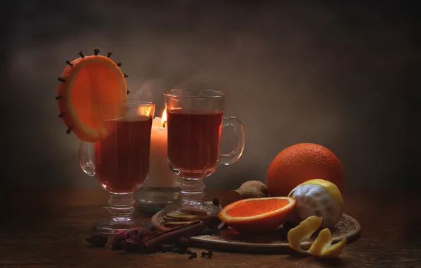 Orange, drink, cinnamon, carnation, spices, mulled wine