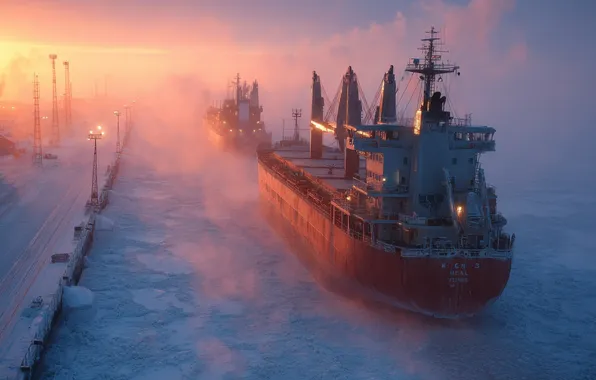 Sea, fog, dawn, ship, ships, morning, haze, the ship