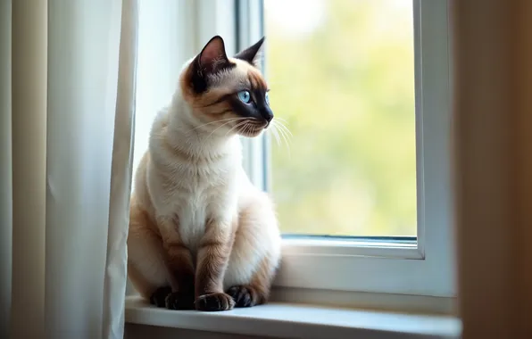 Cat, cat, look, pose, window, sill, curtains, face