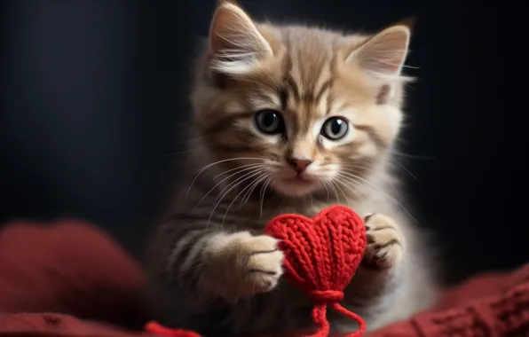 Cat, look, pose, the dark background, kitty, grey, red, toy