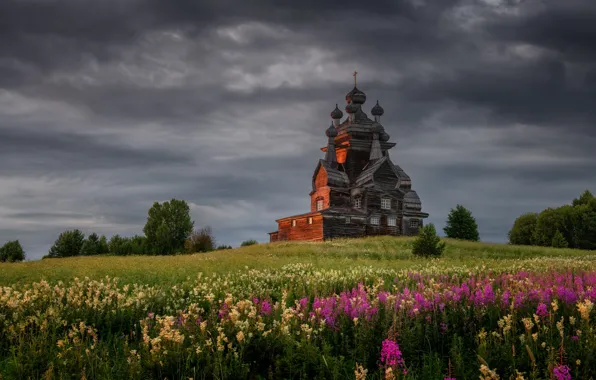 Picture summer, landscape, clouds, nature, meadow, Church, grass, Maxim Evdokimov