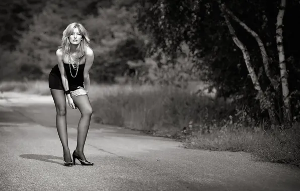 Stockings, dress, legs, on the road