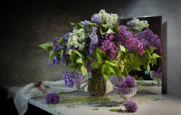 Picture flowers, table, towel, bouquet, mirror, still life, lilac