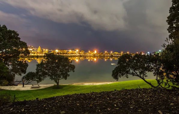 Trees, clouds, lights, river, lawn, the evening, New Zealand, lights