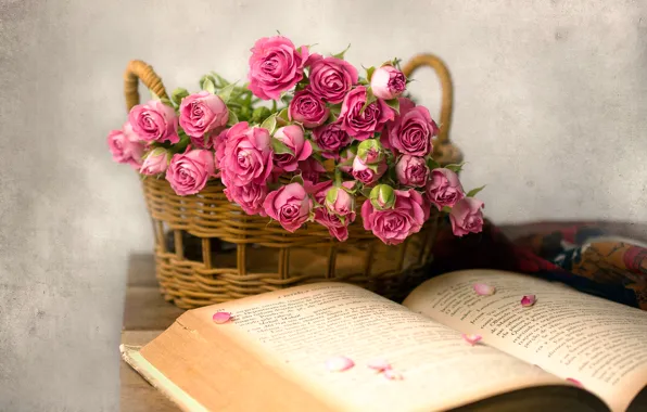 Basket, roses, petals, book