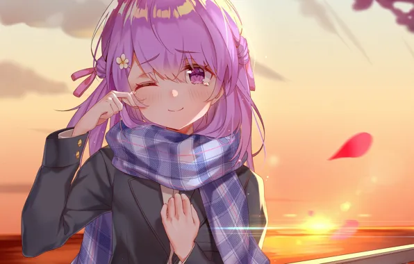 Horizon, schoolgirl, pink hair, bangs, scarf striped, tears of happiness, autumn day, sunset on the …