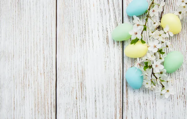 Flowers, eggs, spring, colorful, Easter, happy, wood, blossom