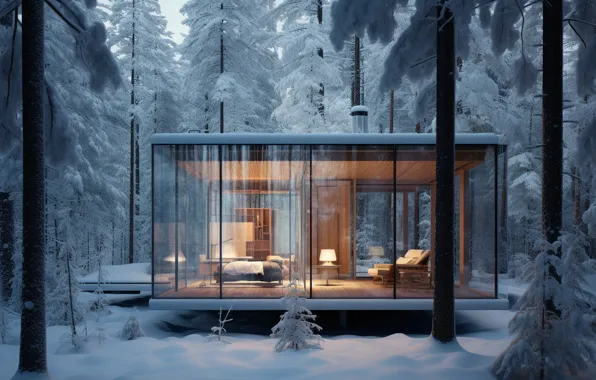 Picture winter, forest, glass, snow, night, house, house, forest