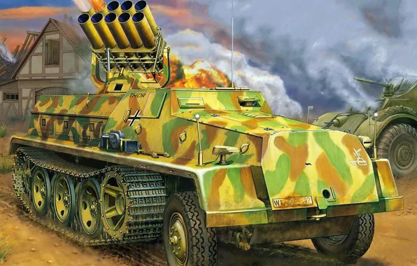 Picture figure, art, Sd.Car.4/1, Tank launcher, 15cm, 42.Sf, German self-propelled MLRS during the Second world war