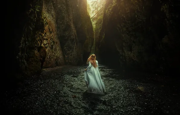 Forest, water, girl, light, landscape, nature, pose, rocks