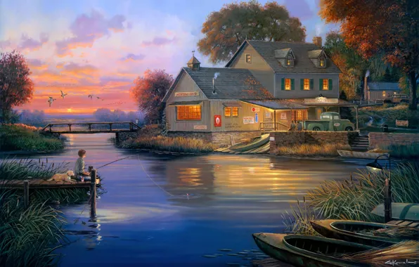 Autumn, bridge, house, duck, dog, Bay, fisherman, boats