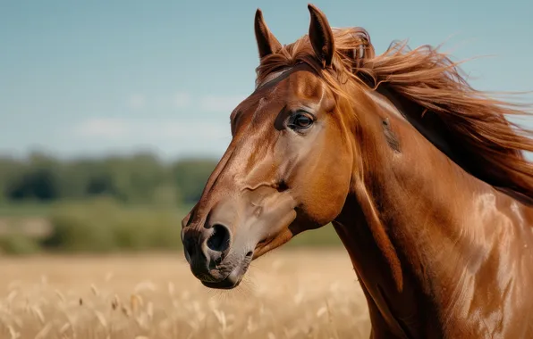 Field, the sky, look, face, horse, horse, portrait, chestnut