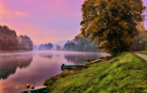 Picture landscape, nature, fog, lake, dawn, boats, morning, Italy