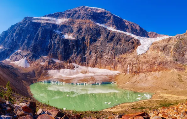 Picture the sky, the sun, mountains, lake, stones, rocks, Canada, Jasper National Park