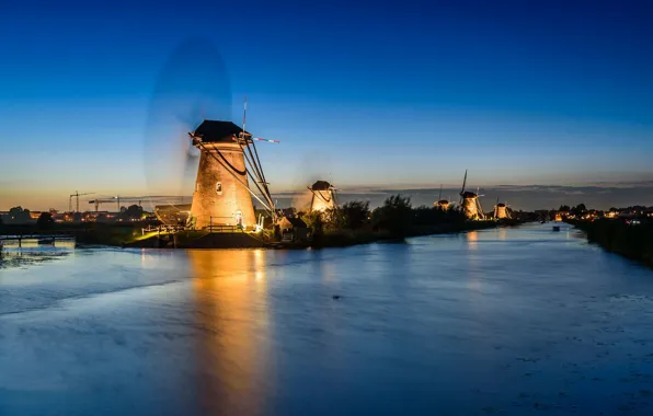 Night, lights, channel, Netherlands, windmill, Kinderdijk