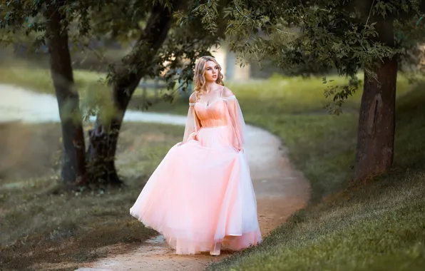 Look, girl, trees, Park, dress, blonde, track, neckline