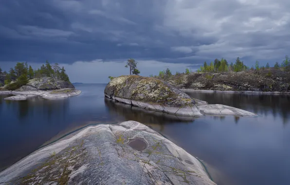 Islands, clouds, lake, bad weather, boulders, beautiful landscape, Ladoga frowns, Mikhail Ioannisian