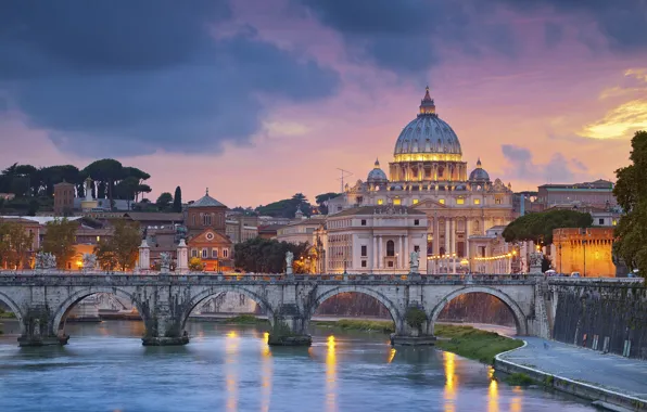 Picture the sky, clouds, landscape, bridge, home, the evening, Rome, Italy