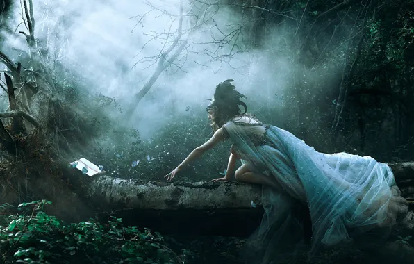 Forest, leaves, girl, rays, light, butterfly, branches, pose