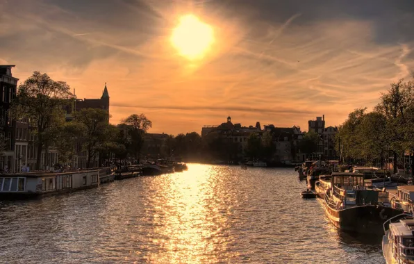 The sun, sunset, river, home, boats, Amsterdam, Sun over