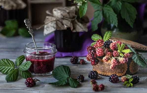 Picture berries, sprig, jars, BlackBerry, jam, Karina Klachuk