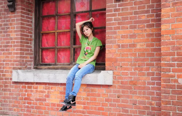 Jeans, Asian, cutie, brick wall, window, Zhang Kaijie, sitting on the windowsill