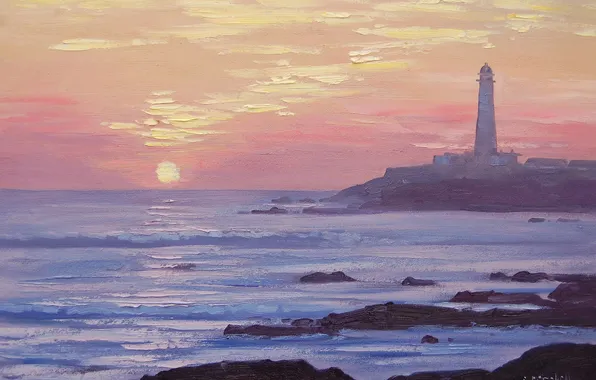 Sea, sunset, nature, stones, rocks, lighthouse, art, artsaus