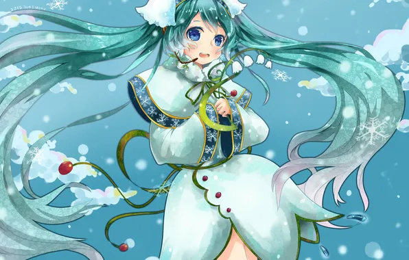 Picture girl, flowers, snowflakes, anime, art, microphone, vocaloid, lilies of the valley