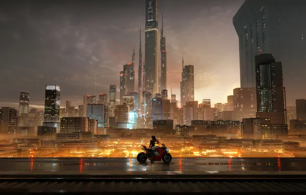 Picture city, lights, future, girl, bike, night, skyscrapers