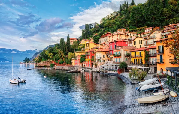 The sky, clouds, trees, mountains, lake, shore, home, boats