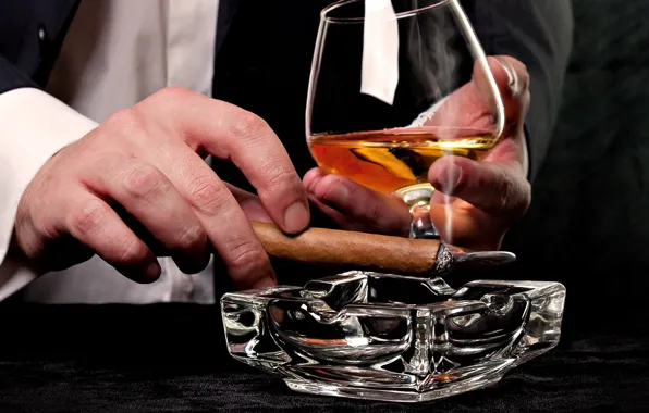 Glass, cigar, whiskey, ashtray, tuxedo, male hands