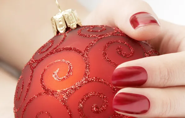 Red, toy, new year, hand, fingers, new year, nails, Christmas ball