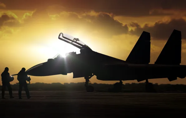 The plane, dawn, fighter, silhouette, the airfield, pilots, Russia, OKB