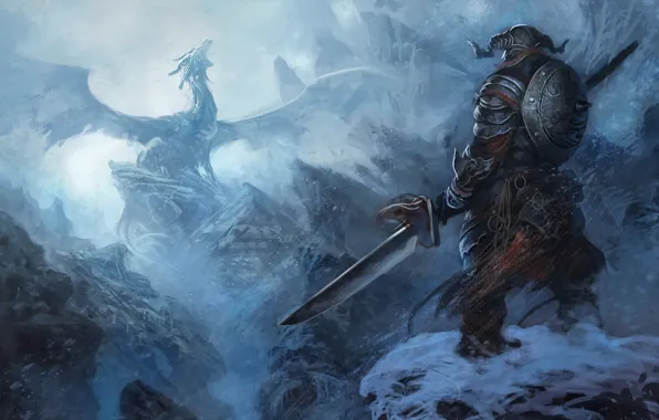 Snow, mountains, dragon, armor, warrior, Skyrim, The Elder Scrolls