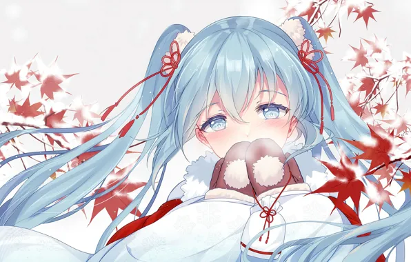 Winter, look, leaves, snow, anime, art, girl, vocaloid