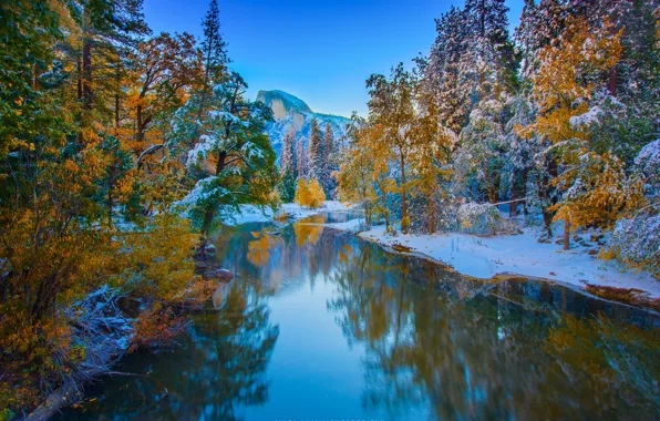 Picture winter, forest, snow, trees, mountains, river, rocks, Yosemite