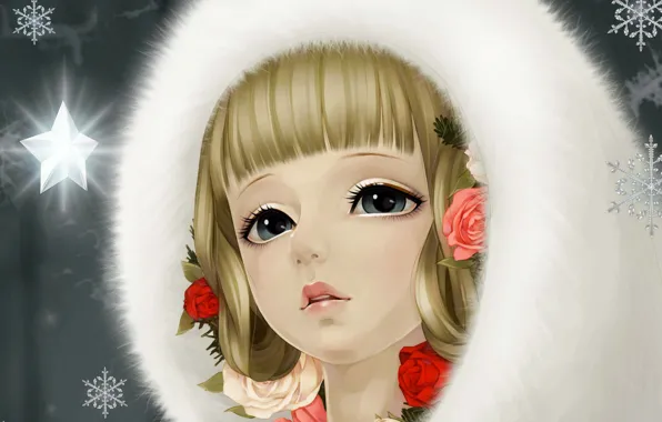 Snowflakes, lights, star, roses, Girl, fur, art, dong xiao