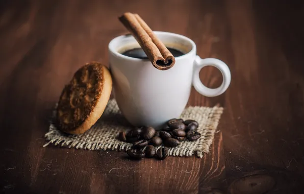 Picture coffee, cookies, Cup, drink, cinnamon, coffee beans