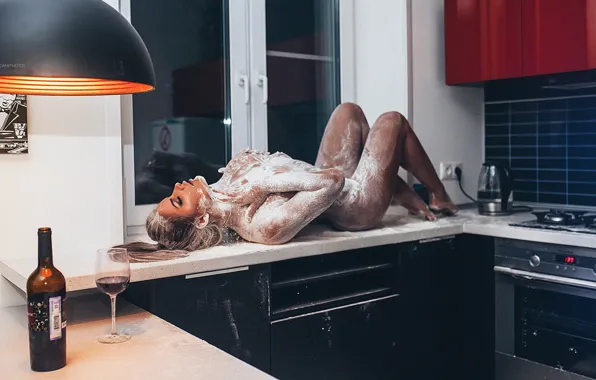 Naked, Girl, kitchen, lies, flour, Rome Rome, Alexander Martynov