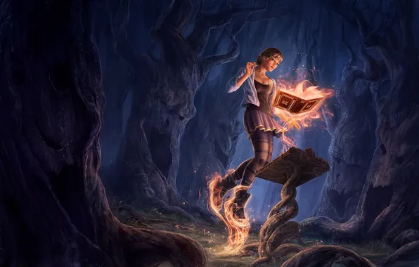 Picture forest, magic, Girl, book, spell