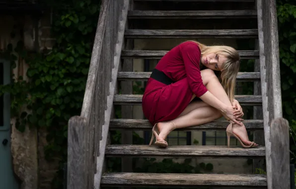 Picture girl, model, hair, dress, ladder, steps, beautiful legs