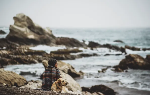 Girl, storm, beach, sea, coast, dog, rocks, bokeh