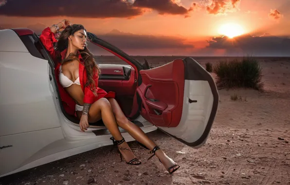 Desert, linen, Girl, Ferrari, 458, Spyder, Anton Shabunin, Anton Shabunin