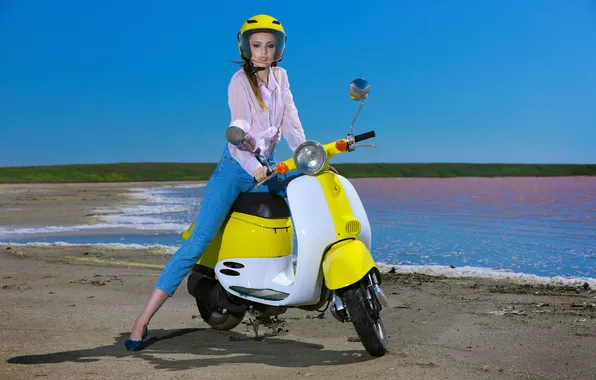 Girl, woman, young, jeans, cute, pearls, scooter