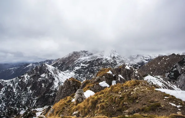 Picture the sky, clouds, snow, mountains, fog, tops, mountains