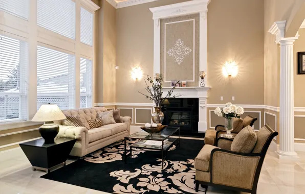 Flowers, design, carpet, lamp, pillow, chairs, fireplace, table