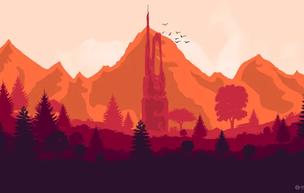 Mountains, Tower, The game, Forest, Birds, Hills, Landscape, Art